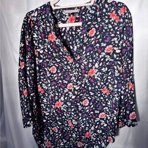 Daniel Rainn Navy Floral V-Neck Blouse with Pink Accents